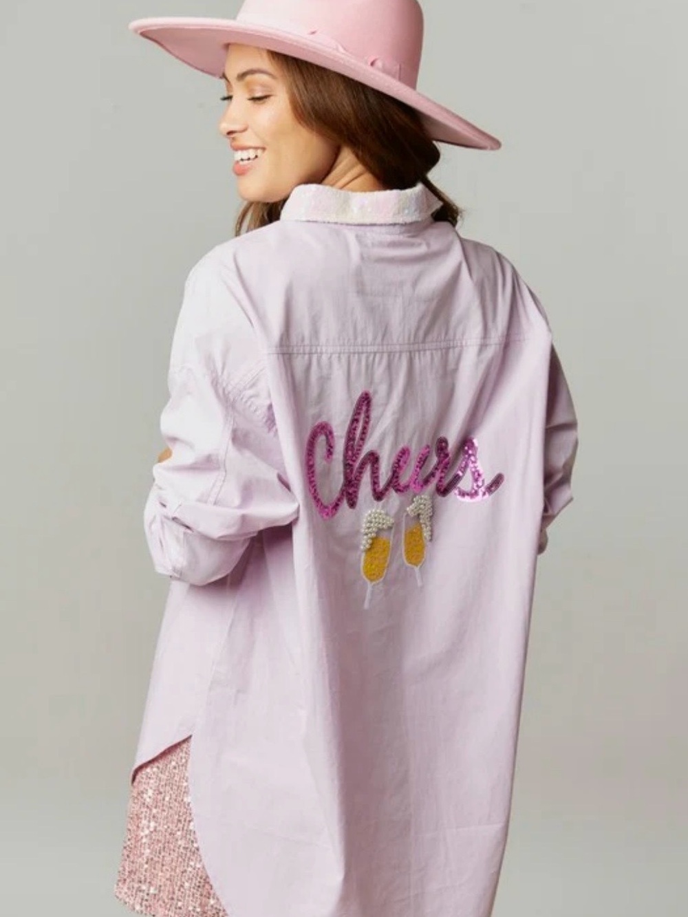 Fantastic Fawn “Cheers” Sequin Embroidered Oversized Shirt in Lavender